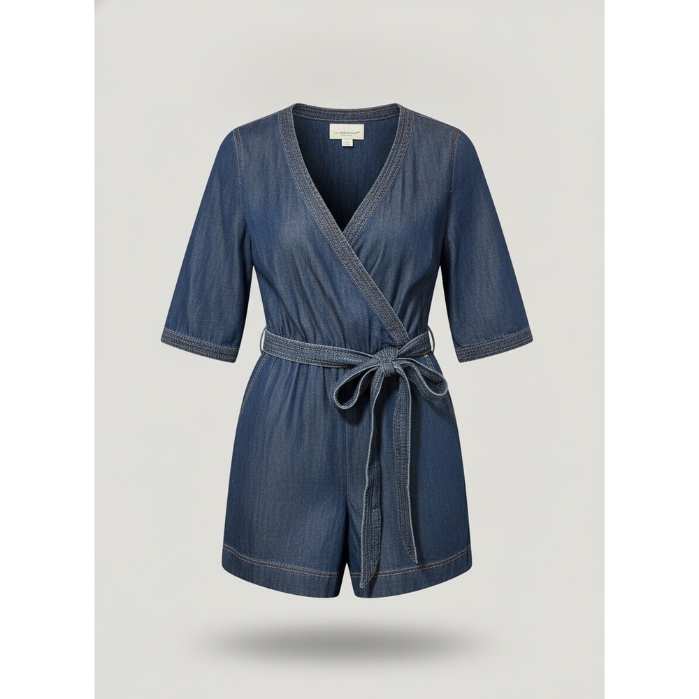 Pilcro and the Letterpress Anthropologie Denim Wrap Romper Blue 16w Plus Size